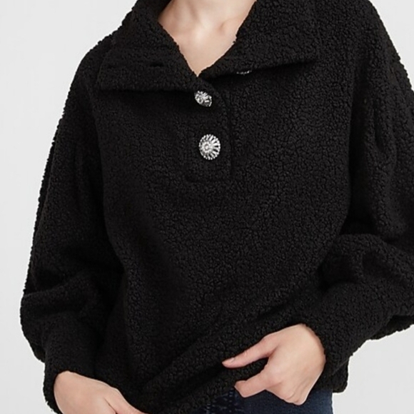 Express Cozy Jewel Embellished Button Sherpa Sweatshirt - Picture 1 of 4
